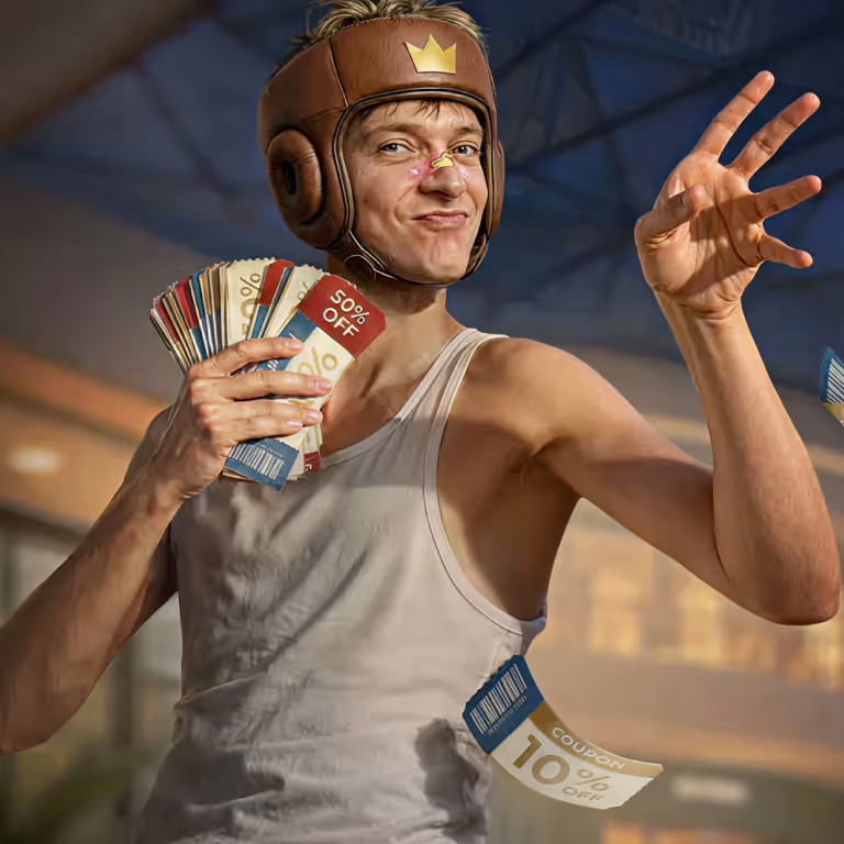 A smiling man in a signature crown helmet showing off discount coupons to highlight the massive game bonuses and promotional offers at SlimKing Casino.